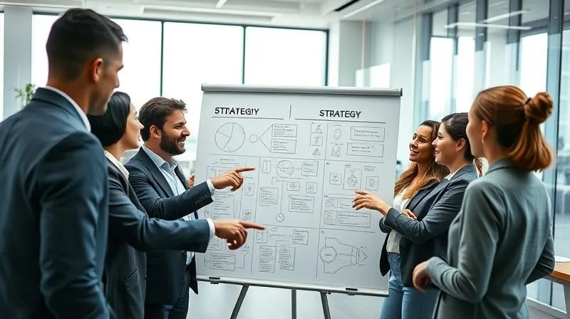 photorealistic, professional photography, 8K, cinematic lighting, sharp focus, depth of field, shot on a high-end DSLR, a diverse group of business professionals in a modern, brightly lit office, gathered around a large whiteboard with complex strategy diagrams. They are actively engaged in discussion, pointing, and smiling, conveying a sense of collaborative problem-solving and shared purpose.