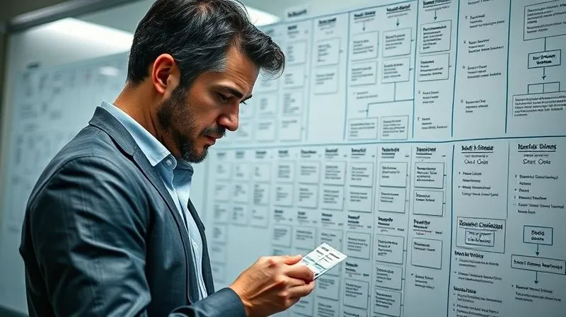A photorealistic image of a consultant meticulously categorizing skill cards on a whiteboard, surrounded by complex flowcharts and data points, representing the deconstruction of core competencies. Cinematic lighting highlights the focused expression, with a sharp depth of field, 8K hyper-detailed, professional photography, shot on a high-end DSLR.