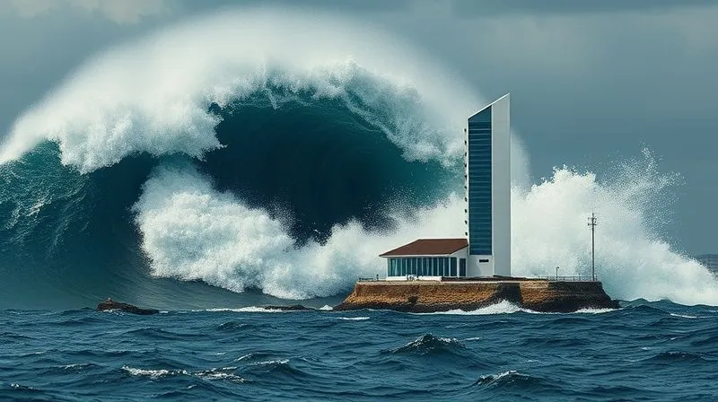 A photorealistic image of a turbulent ocean with a massive, stylized AI brain icon as a looming wave, crashing towards a small, traditional business building on the shore. The building shows cracks but is still standing, while a new, sleek, futuristic structure is being built further inland. Cinematic lighting, sharp focus, depth of field, 8K hyper-detailed, professional photography, shot on a high-end DSLR.