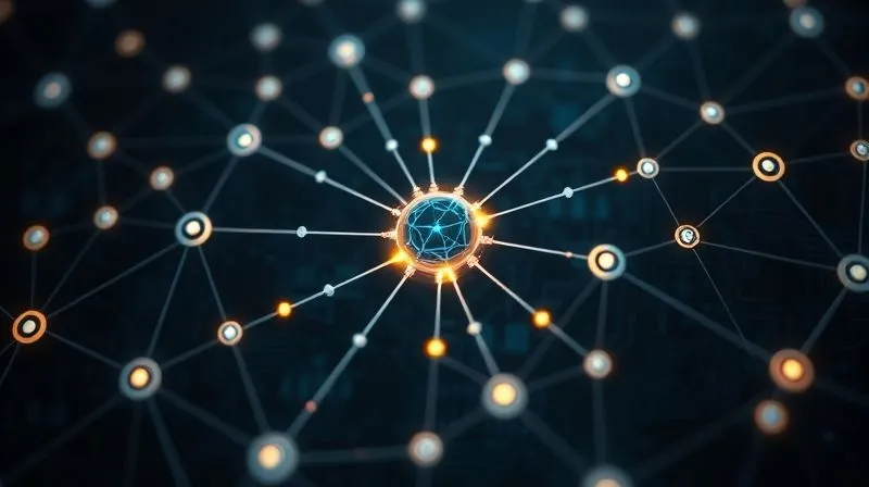 A photorealistic image of glowing interconnected nodes forming a complex, organic network, representing strategic partnerships and an AI ecosystem. In the center, a slightly larger, brighter node symbolizes the core business, extending tendrils of light to various specialized partner nodes. Dark, intricate background with subtle circuit board patterns. Cinematic lighting, sharp focus, depth of field, 8K hyper-detailed, professional photography, shot on a high-end DSLR.