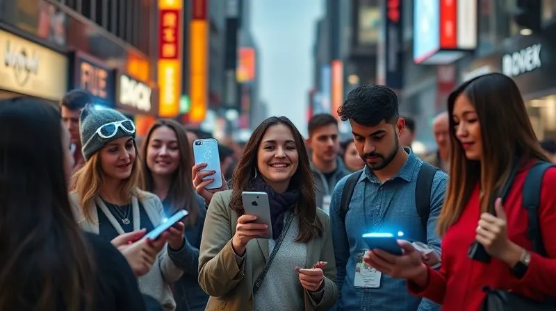 A photorealistic, professional photography, 8K, cinematic lighting, sharp focus, depth of field, shot on a high-end DSLR. Image shows a diverse group of consumers, each interacting with different glowing holographic interfaces representing various emerging technologies like AI, AR, mobile apps, and IoT devices, all seamlessly integrated into their daily lives in a bustling urban setting. The overall mood is one of forward-thinking and interconnectedness.