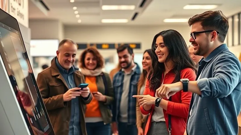 A photorealistic, professional photography, 8K, cinematic lighting, sharp focus, depth of field, shot on a high-end DSLR. Image shows a diverse group of happy customers seamlessly interacting with a franchise business using various tech touchpoints: one person ordering on a sleek mobile app, another using a self-service kiosk, and a third receiving a personalized notification on their smartwatch as they approach the store. The background is a modern, clean franchise interior.