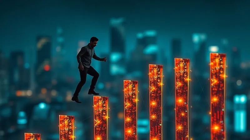 A photorealistic, professional photography, 8K, cinematic lighting, sharp focus, depth of field, shot on a high-end DSLR. Image depicts a person climbing over a series of abstract, glowing digital obstacles made of data streams and network lines, symbolizing the challenges of tech adoption. The person is determined, with a clear path ahead, emphasizing overcoming difficulties. The background is a futuristic, blurred cityscape.