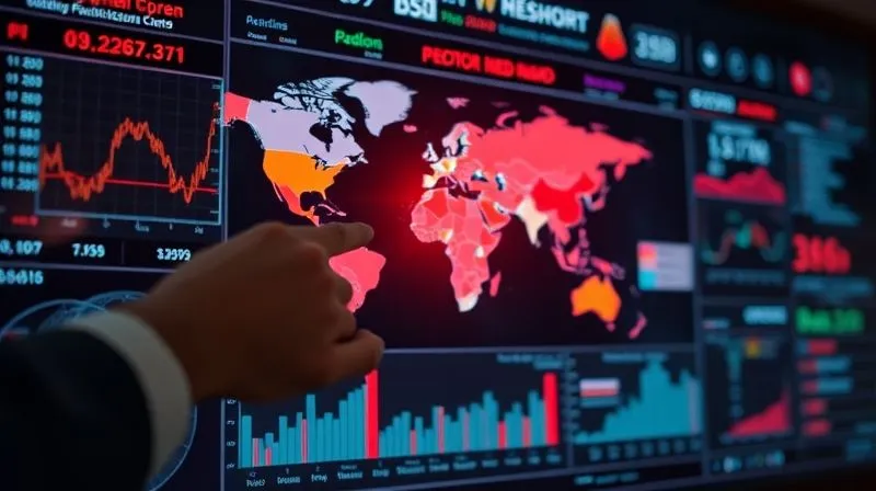 A photorealistic image of a sophisticated digital dashboard displaying various real-time global economic and political indicators, with specific regions highlighted in red for elevated risk. The screen shows data visualizations like graphs and charts, with a hand pointing to a flashing alert. Professional photography, 8K, cinematic lighting, sharp focus on the screen, depth of field blurring the background, shot on a high-end DSLR.