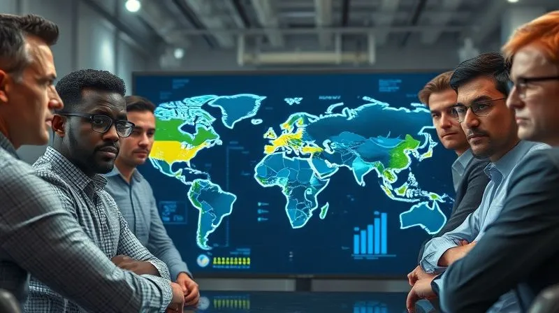 A photorealistic image of a diverse, intense team of business strategists in a modern, high-tech 'situation room.' They are gathered around a large, interactive digital map of the world, overlaid with real-time data visualizations of economic trends and political hotspots. Their expressions are serious but focused, indicating urgent problem-solving. Professional photography, 8K, cinematic lighting, sharp focus on the team and map, depth of field blurring the background, shot on a high-end DSLR.