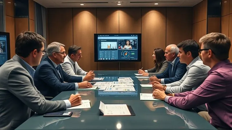 A photorealistic image of a diverse group of business leaders and stakeholders engaged in an intense but collaborative discussion around a large conference table. One individual is presenting data on a screen, while others are actively listening and contributing. The atmosphere is professional and focused, conveying a sense of unity and decisive action in the face of challenge. Professional photography, 8K, cinematic lighting, sharp focus on the faces and interaction, depth of field blurring the background, shot on a high-end DSLR.