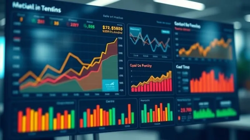 A photorealistic 3D financial dashboard displaying various metrics: sales trends, accounts receivable aging, and cash balance over time. The charts are vibrant and dynamic, with some data points highlighting potential future dips. Cinematic lighting, sharp focus on the dashboard, depth of field blurring a modern office background. 8K hyper-detailed.