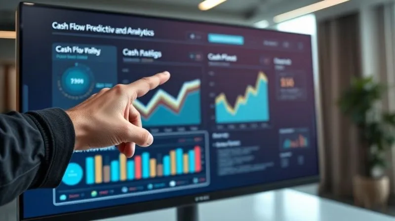A photorealistic image of a sleek, modern financial software interface displayed on a large monitor, showing interactive cash flow charts and predictive analytics. A human hand gestures towards the screen, indicating interaction. The setting is a contemporary office, with soft, professional lighting. 8K, sharp focus on the screen, depth of field. No text or logos on the screen.