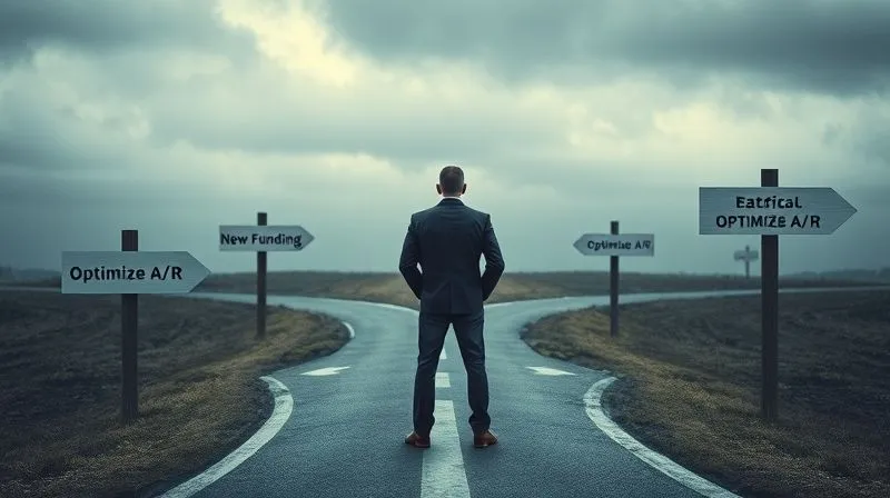 A photorealistic image of a business person standing at a crossroads, looking at multiple paths (metaphor for strategic decisions). Each path is subtly labeled with financial options like 'Cost Reduction', 'New Funding', 'Optimize A/R'. The person is determined, bathed in dramatic, cinematic lighting. 8K, sharp focus, depth of field, professional photography.