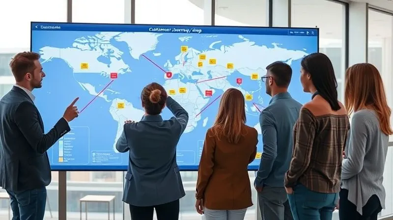 A photorealistic, detailed customer journey map displayed on a large interactive screen, with various touchpoints highlighted in different colors indicating potential friction points. A diverse team of analysts are observing the map, pointing and discussing, in a modern, well-lit office, 8K, cinematic lighting, sharp focus, depth of field, shot on a high-end DSLR. A photorealistic, detailed customer journey map displayed on a large interactive screen, with various touchpoints highlighted in different colors indicating potential friction points. A diverse team of analysts are observing the map, pointing and discussing, in a modern, well-lit office, 8K, cinematic lighting, sharp focus, depth of field, shot on a high-end DSLR.