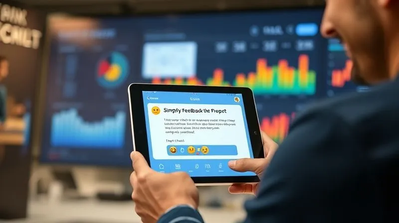 A photorealistic image showing a tablet displaying a simple, engaging in-app feedback prompt with emojis, being used by a smiling customer. In the background, a digital interface shows real-time feedback analytics dashboard, 8K, cinematic lighting, sharp focus, depth of field, shot on a high-end DSLR. A photorealistic image showing a tablet displaying a simple, engaging in-app feedback prompt with emojis, being used by a smiling customer. In the background, a digital interface shows real-time feedback analytics dashboard, 8K, cinematic lighting, sharp focus, depth of field, shot on a high-end DSLR.