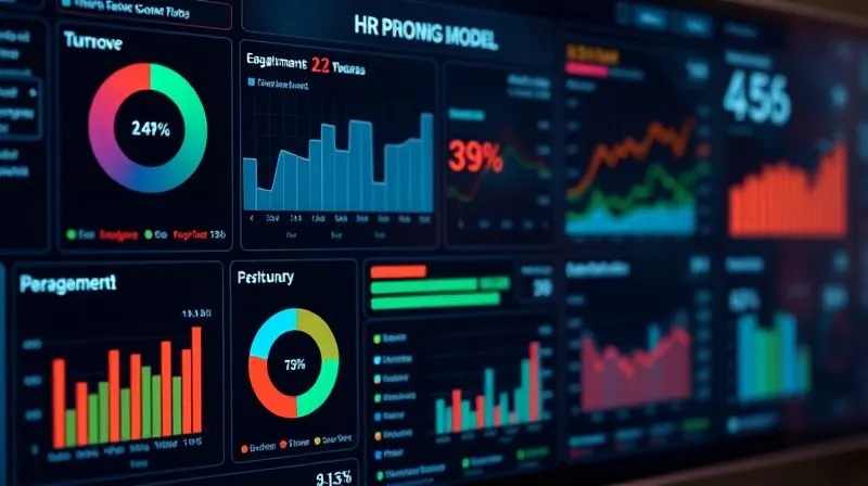 A photorealistic, professional photography, 8K, cinematic lighting, sharp focus, depth of field, shot on a high-end DSLR of a complex digital dashboard displaying various HR metrics like turnover rates, engagement scores, and performance indicators, with data flowing into a central predictive model. The colors are muted but highlight key trends, symbolizing data integration and analysis.