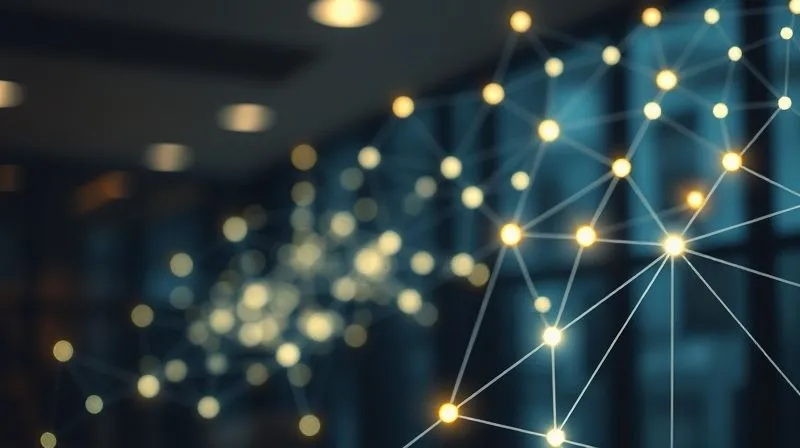 A photorealistic, professional photography, 8K, cinematic lighting, sharp focus, depth of field, shot on a high-end DSLR of a stylized digital network graph, like a constellation of glowing nodes and connecting lines, representing employee relationships and communication flows within a company. A few nodes at the periphery are dimly lit and appear to be detaching, symbolizing high-risk employees. The background is a subtle, blurred corporate environment.