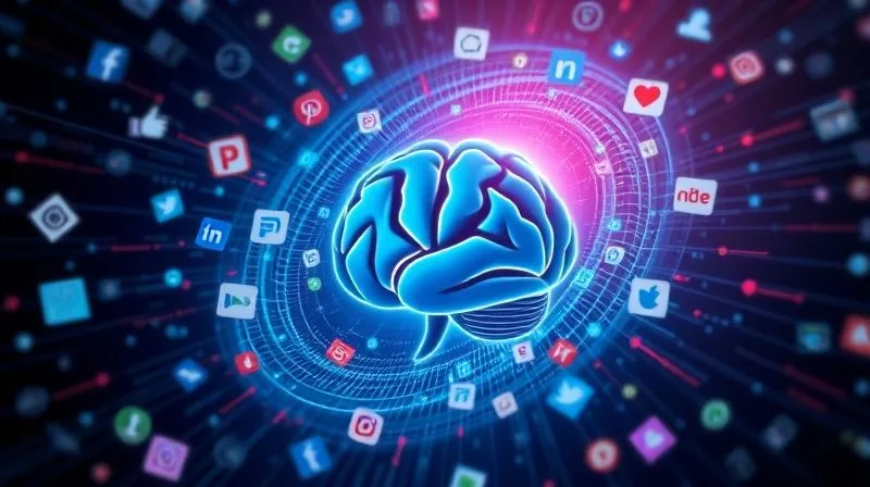 A photorealistic, professional photography image showing a stylized brain icon at the center, surrounded by a swirling vortex of social media icons, news tickers, and customer review bubbles. The brain is glowing with analytical insights, representing the processing of consumer sentiment. 8K, cinematic lighting, sharp focus.