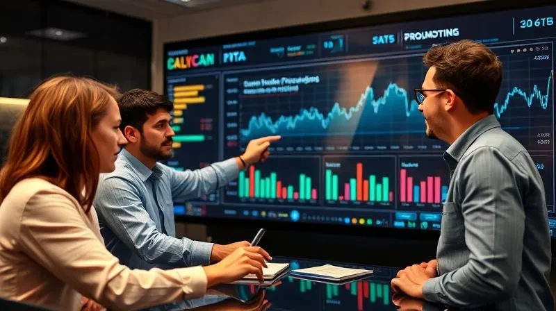 A photorealistic, professional photography image of a diverse team of data analysts and business leaders collaborating around a large, interactive real-time dashboard. One person is pointing at a fluctuating market trend line, while others are deep in discussion, representing the synergy of technology and human expertise. Cinematic lighting, 8K hyper-detailed.
