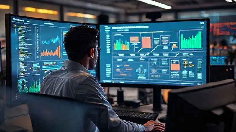 A photorealistic, professional photography, 8K image depicting a data scientist working at a multi-monitor workstation, surrounded by glowing graphs and code. On one screen, a clear, step-by-step flowchart for 'Churn Prediction Pipeline' is visible, illustrating data collection, model training, and deployment. Cinematic lighting, sharp focus on the data scientist and screens, depth of field blurring the office background, shot on a high-end DSLR. A photorealistic, professional photography, 8K image depicting a data scientist working at a multi-monitor workstation, surrounded by glowing graphs and code. On one screen, a clear, step-by-step flowchart for 'Churn Prediction Pipeline' is visible, illustrating data collection, model training, and deployment. Cinematic lighting, sharp focus on the data scientist and screens, depth of field blurring the office background, shot on a high-end DSLR.