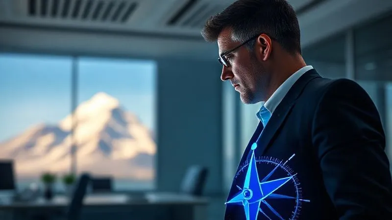 photorealistic, professional photography, 8K, cinematic lighting, sharp focus, depth of field, shot on a high-end DSLR. A business person, standing in a minimalist, modern office, looking intently at a glowing, transparent compass pointing clearly towards a distant, brightly lit mountain peak. Around them, subtle, blurred streams of data flow past, but the focus is entirely on the clear direction ahead. The compass needle is vibrant blue. photorealistic, professional photography, 8K, cinematic lighting, sharp focus, depth of field, shot on a high-end DSLR. A business person, standing in a minimalist, modern office, looking intently at a glowing, transparent compass pointing clearly towards a distant, brightly lit mountain peak. Around them, subtle, blurred streams of data flow past, but the focus is entirely on the clear direction ahead. The compass needle is vibrant blue.