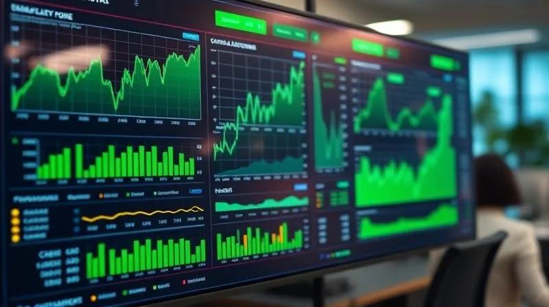 A detailed, photorealistic financial dashboard displaying complex cash flow projections with green upward trends, cinematic lighting, sharp focus on the data, depth of field blurring the office background, 8K hyper-detailed.
