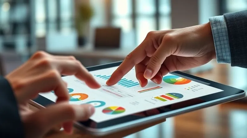 A photorealistic image of a business executive's hand pointing at a complex, color-coded financial report on a tablet, with various KPIs highlighted, professional office setting, cinematic lighting, 8K, sharp focus.