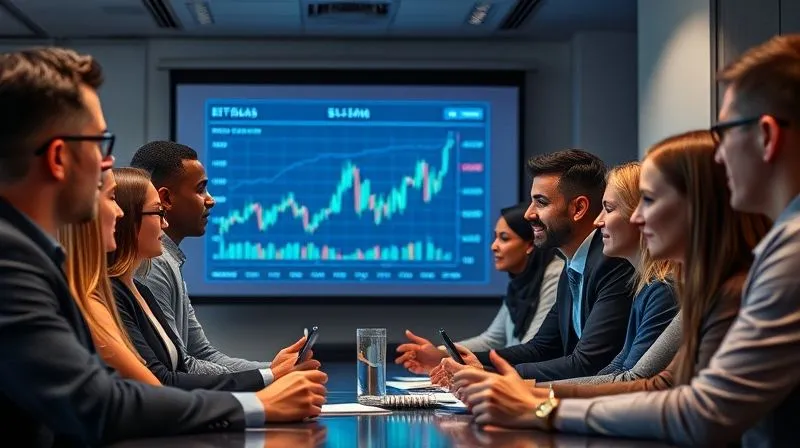 A photorealistic group of diverse business professionals in a modern conference room, intensely collaborating around a projection of financial charts, professional photography, 8K, cinematic lighting, sharp focus on their engaged faces, depth of field.
