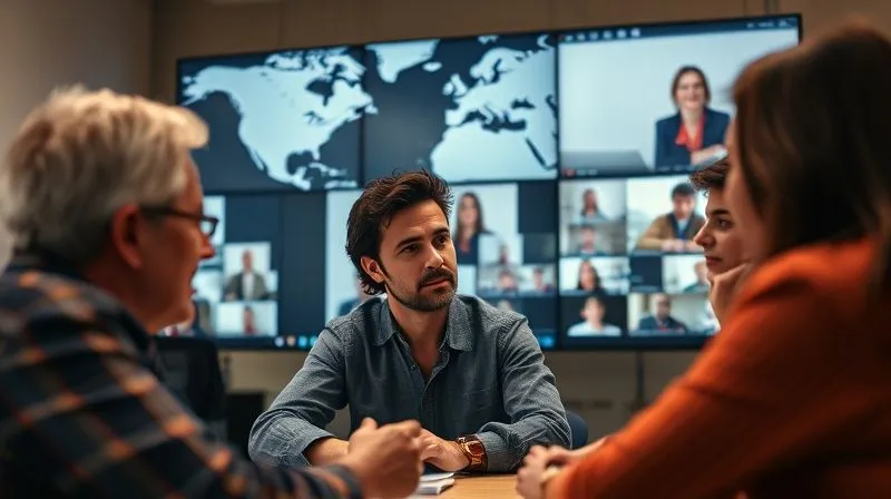 Photorealistic, professional photography, 8K, cinematic lighting, sharp focus, depth of field, shot on a high-end DSLR. A diverse group of remote team members from different continents, visible on separate video call screens, are actively engaged in empathetic listening. One person is speaking with a thoughtful expression, while others nod understandingly. The scene is warm and collaborative, emphasizing human connection over digital distance, with soft, inviting light. A subtle overlay of global connection lines in the background.