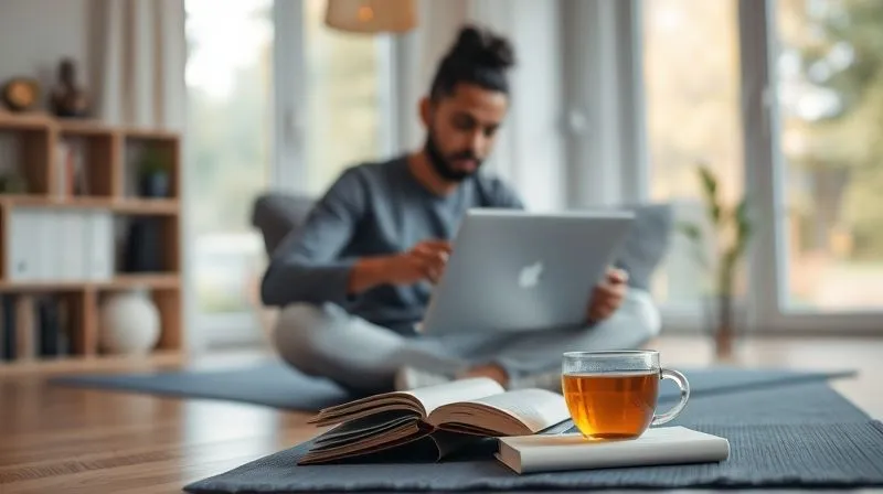 Photorealistic, professional photography, 8K, cinematic lighting, sharp focus, depth of field, shot on a high-end DSLR. A diverse remote worker is seen in a calm, minimalist home office, gently closing a laptop. In the background, there's a blurred, inviting outdoor scene (e.g., a park or garden). The foreground shows a yoga mat, a book, and a cup of herbal tea, symbolizing a digital detox and focus on well-being. Soft, natural light fills the space, creating a serene atmosphere.