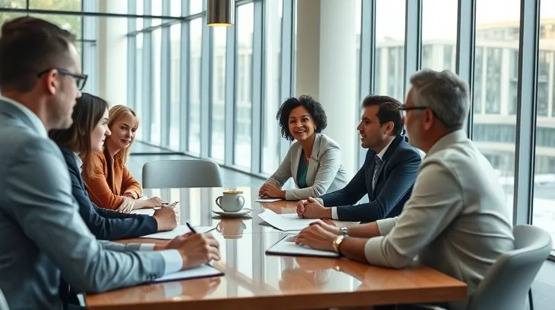 photorealistic, professional photography, 8K, cinematic lighting, sharp focus, depth of field, shot on a high-end DSLR. A diverse team of professionals engaged in an open, honest discussion around a modern conference table. One person is speaking confidently, while others listen attentively, some taking notes. The atmosphere is one of trust and mutual respect, with natural light filtering through large windows, creating a sense of calm and openness. photorealistic, professional photography, 8K, cinematic lighting, sharp focus, depth of field, shot on a high-end DSLR. A diverse team of professionals engaged in an open, honest discussion around a modern conference table. One person is speaking confidently, while others listen attentively, some taking notes. The atmosphere is one of trust and mutual respect, with natural light filtering through large windows, creating a sense of calm and openness.