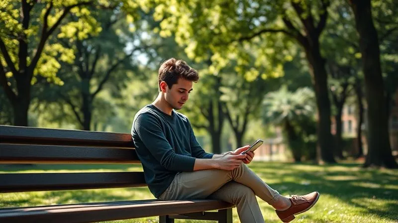photorealistic, professional photography, 8K, cinematic lighting, sharp focus, depth of field, shot on a high-end DSLR. A person sitting calmly on a bench in a sun-dappled park, looking relaxed and detached from their phone which is placed face down beside them. Lush green trees and soft natural light create a serene and peaceful atmosphere, emphasizing a moment of digital detox and mental recharge. photorealistic, professional photography, 8K, cinematic lighting, sharp focus, depth of field, shot on a high-end DSLR. A person sitting calmly on a bench in a sun-dappled park, looking relaxed and detached from their phone which is placed face down beside them. Lush green trees and soft natural light create a serene and peaceful atmosphere, emphasizing a moment of digital detox and mental recharge.