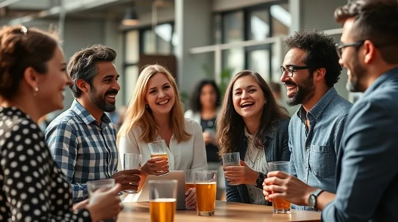 photorealistic, professional photography, 8K, cinematic lighting, sharp focus, depth of field, shot on a high-end DSLR. A diverse group of colleagues laughing and engaging in a natural, friendly conversation during a casual team gathering in a modern, sunlit common area. Beverages and light snacks are visible. The atmosphere is relaxed and joyful, highlighting strong interpersonal bonds and camaraderie. photorealistic, professional photography, 8K, cinematic lighting, sharp focus, depth of field, shot on a high-end DSLR. A diverse group of colleagues laughing and engaging in a natural, friendly conversation during a casual team gathering in a modern, sunlit common area. Beverages and light snacks are visible. The atmosphere is relaxed and joyful, highlighting strong interpersonal bonds and camaraderie.