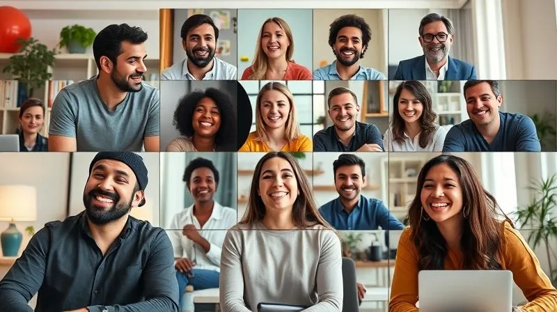 A diverse group of remote team members (male and female, various ethnicities) happily interacting and laughing on a high-definition video call, with individual video feeds arranged in a mosaic. The atmosphere is vibrant, connected, and warm, with subtle background elements hinting at different home offices. Professional photography, 8K, cinematic lighting, sharp focus on the faces, depth of field blurring individual backgrounds, shot on a high-end DSLR.