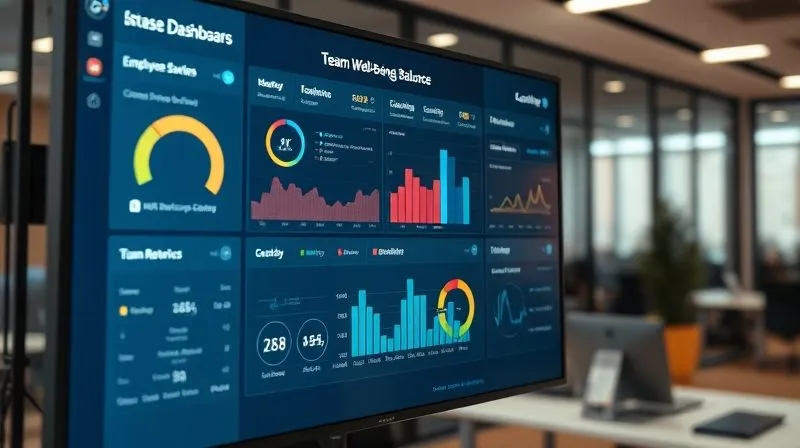A professional and clean data dashboard displayed on a large monitor in a modern office, showing various HR and team well-being metrics. One specific section of the dashboard, perhaps related to 'Employee Stress Levels' or 'Work-Life Balance', subtly glows red or flashes a gentle warning sign, indicating a potential issue. Professional photography, 8K, cinematic lighting, sharp focus on the dashboard, depth of field blurring the background, shot on a high-end DSLR.