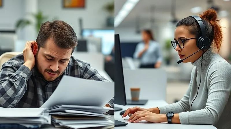 A split image showing two call center agents. On the left, an agent with slumped shoulders, looking exhausted and stressed, surrounded by overflowing paperwork. On the right, another agent, looking calm and focused, with a supportive team leader in the background, a clean, modern desk. Photorealistic, professional photography, 8K, cinematic lighting, sharp focus, depth of field. A split image showing two call center agents. On the left, an agent with slumped shoulders, looking exhausted and stressed, surrounded by overflowing paperwork. On the right, another agent, looking calm and focused, with a supportive team leader in the background, a clean, modern desk. Photorealistic, professional photography, 8K, cinematic lighting, sharp focus, depth of field.