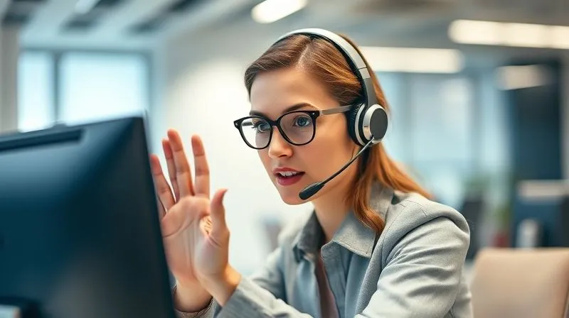 A photorealistic, professional photography, 8K, cinematic lighting, sharp focus, depth of field image of a confident call center agent, mid-conversation, with a headset, making a decisive gesture on her computer screen. Her face shows determination and competence. The background is a modern, clean call center environment, slightly blurred. A photorealistic, professional photography, 8K, cinematic lighting, sharp focus, depth of field image of a confident call center agent, mid-conversation, with a headset, making a decisive gesture on her computer screen. Her face shows determination and competence. The background is a modern, clean call center environment, slightly blurred.