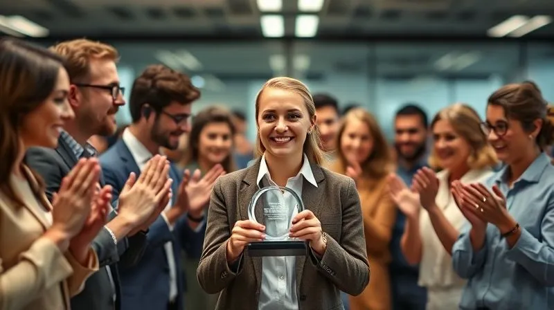 A photorealistic, professional photography, 8K, cinematic lighting, sharp focus, depth of field image of a diverse group of call center agents applauding a colleague who is proudly holding a small, elegant award. The recipient is smiling genuinely, looking happy and recognized. The background is a modern office space with soft, celebratory lighting. A photorealistic, professional photography, 8K, cinematic lighting, sharp focus, depth of field image of a diverse group of call center agents applauding a colleague who is proudly holding a small, elegant award. The recipient is smiling genuinely, looking happy and recognized. The background is a modern office space with soft, celebratory lighting.