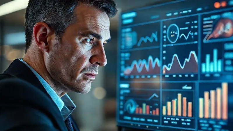 A photorealistic image of a business person looking intently at a holographic 3D projection of a detailed financial dashboard with various charts and graphs, representing future cash flow projections. The person's face shows focus and strategic thinking. Cinematic lighting, 8K, sharp focus on the dashboard, depth of field blurring the background. Professional photography.