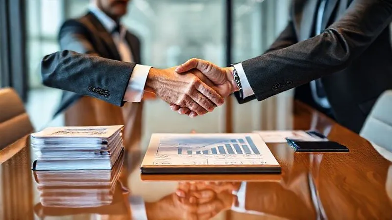 A photorealistic image of two business leaders shaking hands across a polished conference table, with a stack of financial documents and a tablet displaying growth charts between them. One person represents a growing business, the other a strategic investor or lender. The setting is modern and professional, conveying a sense of partnership. 8K, cinematic lighting, sharp focus on the handshake, depth of field. Professional photography.