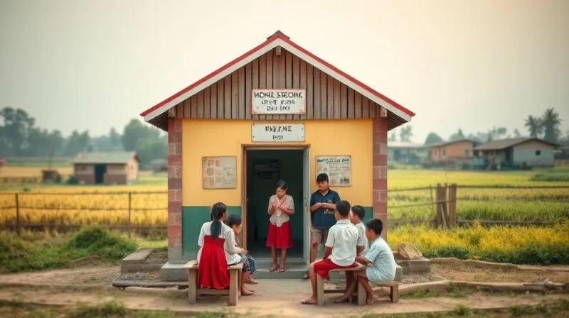 Photorealistic, professional photography, 8K, cinematic lighting, sharp focus, depth of field, shot on a high-end DSLR. A warm, hopeful image of a small, rural schoolhouse bustling with children learning, contrasting with a blurred background of simple homes and fields, representing community development and the power of education as a preventative measure against child labor.