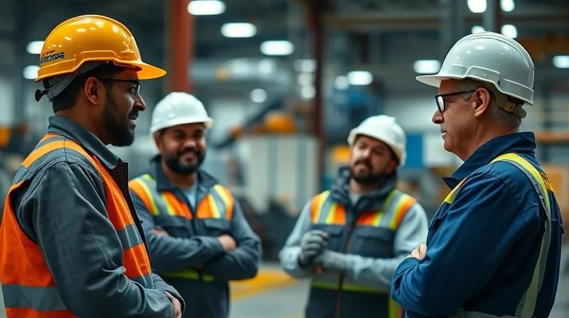 Photorealistic, professional photography, 8K, cinematic lighting, sharp focus, depth of field, shot on a high-end DSLR. A diverse group of factory workers, some wearing safety gear, engaging in a confidential interview with a compassionate, professional auditor in a calm, neutral setting. The focus is on the trust and open communication between them, with industrial elements subtly blurred in the background.