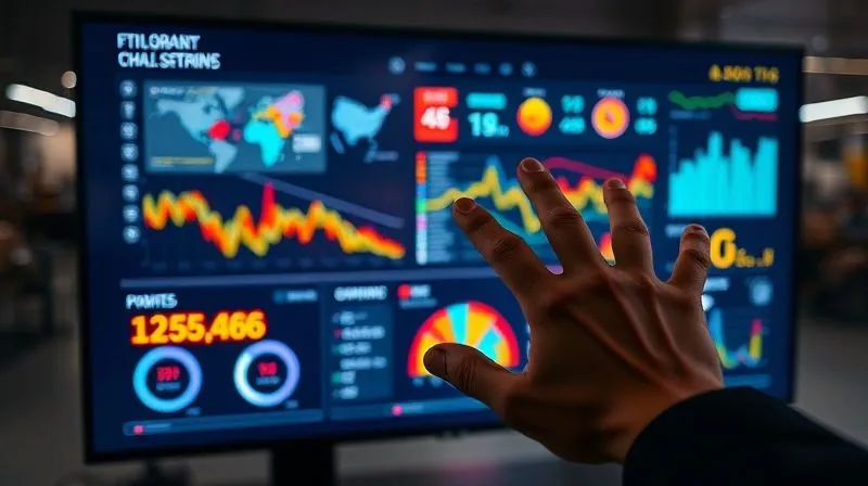 Photorealistic, professional photography, 8K, cinematic lighting, sharp focus, depth of field, shot on a high-end DSLR. A futuristic, vibrant dashboard display on a large monitor, showing complex data visualizations: supply chain routes, risk heatmaps, compliance metrics, and real-time worker feedback. A hand gestures towards the screen, highlighting the power of technology in ethical sourcing.