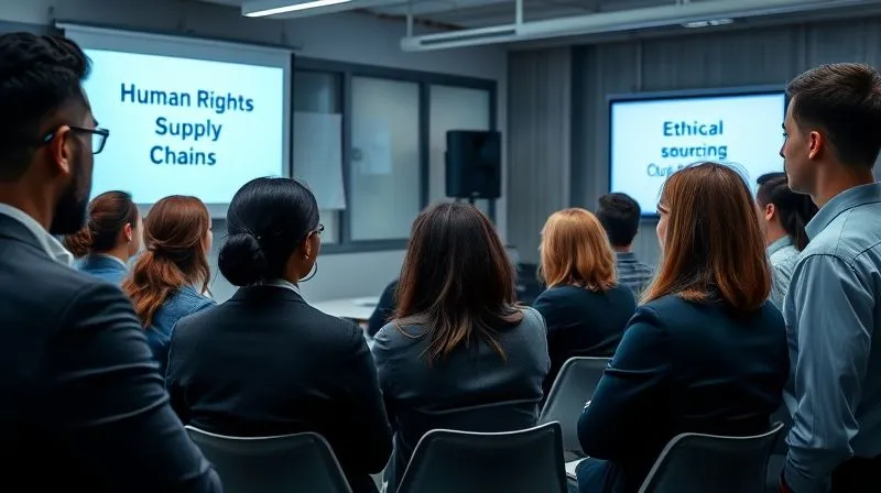 Photorealistic, professional photography, 8K, cinematic lighting, sharp focus, depth of field, shot on a high-end DSLR. A diverse group of corporate professionals in a modern office, engaged in a training session on ethical sourcing. They are intently listening to a speaker, with a presentation slide on a screen subtly showing 'Human Rights in Supply Chains'. The atmosphere is serious and committed.