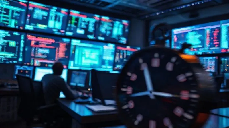 A photorealistic image of a crisis response team in a modern command center, focused on multiple glowing screens displaying data flow and security alerts, with a blurred clock ticking rapidly in the foreground. The atmosphere is intense but controlled, symbolizing rapid, coordinated post-breach mitigation. Professional photography, 8K, cinematic lighting, sharp focus on the team, depth of field blurring the foreground, shot on a high-end DSLR.