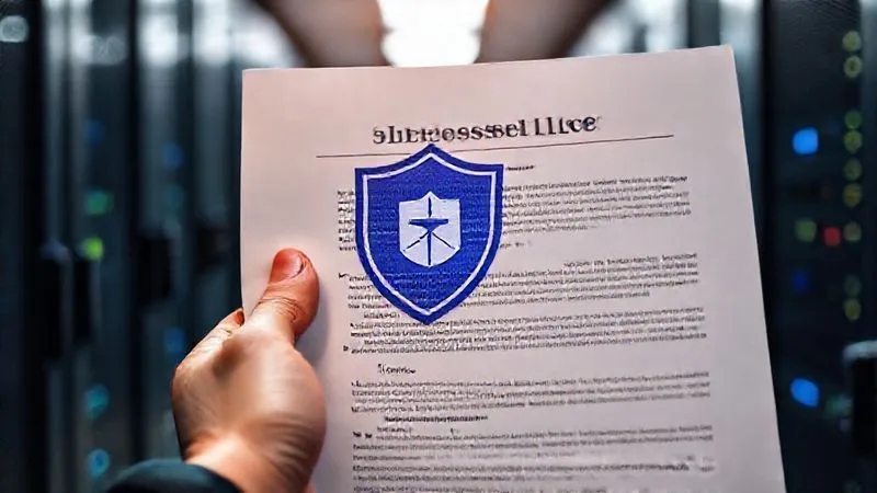 A photorealistic close-up of a hand holding a stylized legal document with a complex cyber insurance policy, overlaid with a digital shield icon, symbolizing comprehensive protection against digital threats and legal liabilities. Professional photography, 8K, cinematic lighting, sharp focus on the document, depth of field blurring a background of secure servers, shot on a high-end DSLR.