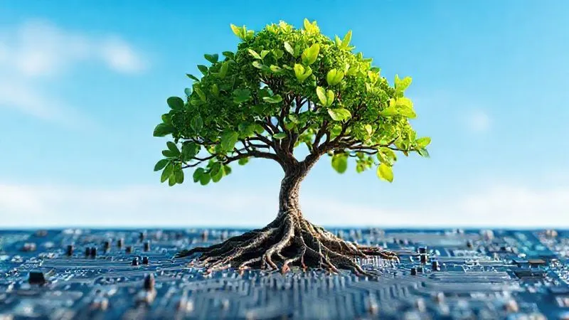 A photorealistic image of a resilient, thriving digital tree growing out of a circuit board, with strong roots symbolizing secure foundations and vibrant leaves representing growth and trust, against a background of a clear, blue digital sky. Professional photography, 8K, cinematic lighting, sharp focus on the tree, depth of field blurring the background, shot on a high-end DSLR.
