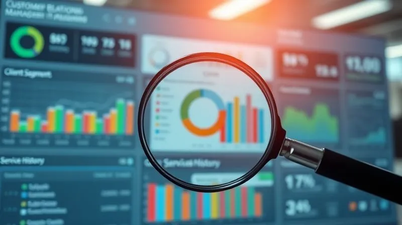 A photorealistic image of a magnifying glass hovering over a detailed customer relationship management (CRM) dashboard, displaying client segments, service history, and key contact information. Cinematic lighting, sharp focus on the data, depth of field blurring a modern office background, 8K, professional photography, shot on a high-end DSLR, conveying meticulous analysis and understanding of client data.