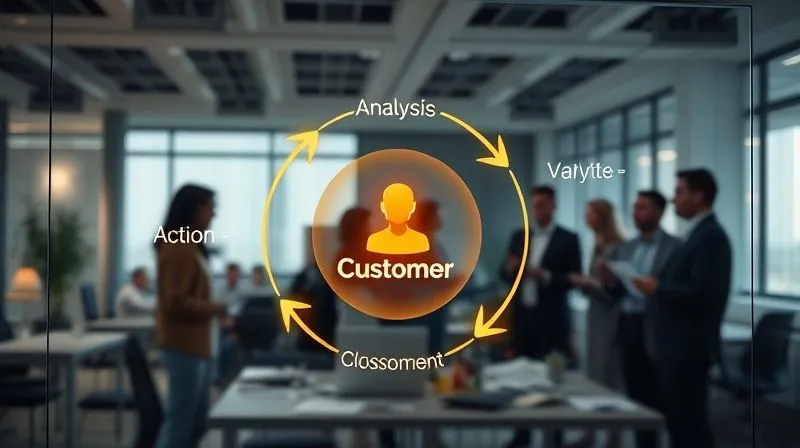 A photorealistic image of a continuous feedback loop diagram, with arrows flowing from 'Client Input' to 'Analysis', 'Action', and 'Improved Service', all centered around a glowing 'Customer' icon. The diagram is displayed on a modern, translucent screen in a collaborative office space, with diverse professionals discussing animated data in the background. Cinematic lighting, sharp focus on the feedback loop, depth of field, 8K, professional photography, shot on a high-end DSLR, conveying dynamic adaptation and client-centric improvement.