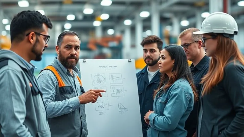 A photorealistic image of diverse factory workers, in professional work attire, gathered around a whiteboard, actively brainstorming and pointing at diagrams. Their faces show engagement and collaboration. Cinematic lighting, sharp focus on the group, depth of field blurring the background of a modern industrial setting. Shot on a high-end DSLR, 8K hyper-detailed. A photorealistic image of diverse factory workers, in professional work attire, gathered around a whiteboard, actively brainstorming and pointing at diagrams. Their faces show engagement and collaboration. Cinematic lighting, sharp focus on the group, depth of field blurring the background of a modern industrial setting. Shot on a high-end DSLR, 8K hyper-detailed.