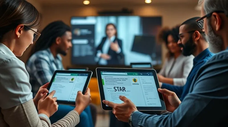 Photorealistic, professional photography, 8K, cinematic lighting, sharp focus, depth of field, shot on a high-end DSLR. A diverse group of remote interviewers on a video call, each holding a tablet displaying a structured interview rubric and behavioral questions, focusing intently on the candidate's virtual presence. A subtle, glowing overlay highlights the 'STAR method' on one of the tablets. The atmosphere is professional and analytical. Photorealistic, professional photography, 8K, cinematic lighting, sharp focus, depth of field, shot on a high-end DSLR. A diverse group of remote interviewers on a video call, each holding a tablet displaying a structured interview rubric and behavioral questions, focusing intently on the candidate's virtual presence. A subtle, glowing overlay highlights the 'STAR method' on one of the tablets. The atmosphere is professional and analytical.