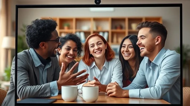 Photorealistic, professional photography, 8K, cinematic lighting, sharp focus, depth of field, shot on a high-end DSLR. A diverse group of remote professionals laughing and interacting naturally during a 'virtual coffee break' on a video conferencing screen. One person is gesturing enthusiastically while others smile, symbolizing genuine connection and cultural fit in a remote team. The background shows blurred, cozy home office environments. Photorealistic, professional photography, 8K, cinematic lighting, sharp focus, depth of field, shot on a high-end DSLR. A diverse group of remote professionals laughing and interacting naturally during a 'virtual coffee break' on a video conferencing screen. One person is gesturing enthusiastically while others smile, symbolizing genuine connection and cultural fit in a remote team. The background shows blurred, cozy home office environments.