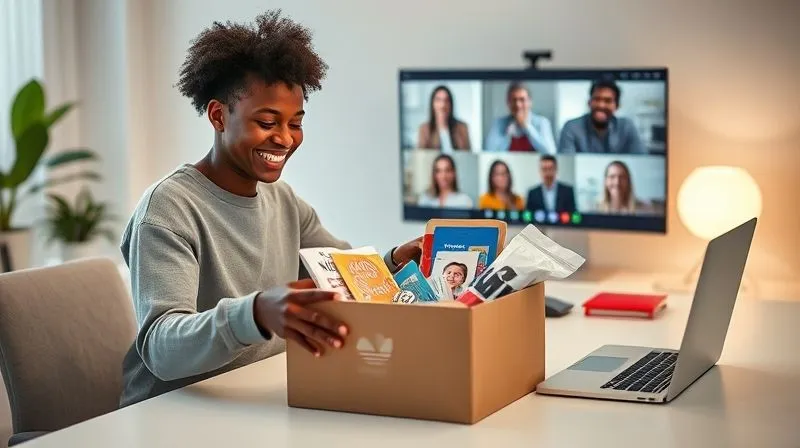 Photorealistic, professional photography, 8K, cinematic lighting, sharp focus, depth of field, shot on a high-end DSLR. A new remote employee, diverse and smiling, unboxing a welcome kit with company swag on a clean, modern desk. In the background, a laptop screen displays a friendly video call with team members, symbolizing a warm and structured remote onboarding experience. Soft, inviting light fills the scene. Photorealistic, professional photography, 8K, cinematic lighting, sharp focus, depth of field, shot on a high-end DSLR. A new remote employee, diverse and smiling, unboxing a welcome kit with company swag on a clean, modern desk. In the background, a laptop screen displays a friendly video call with team members, symbolizing a warm and structured remote onboarding experience. Soft, inviting light fills the scene.