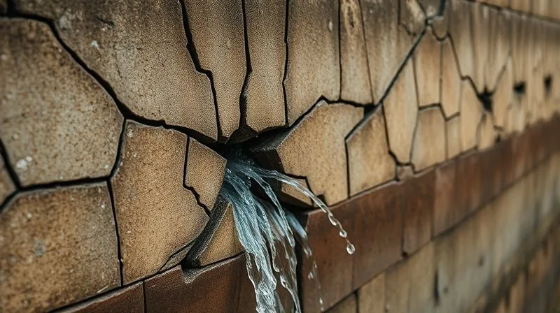 A weathered, cracked dam wall, with small trickles of water escaping, symbolizing defect leakage in a software system. The cracks are intricate and show signs of long-term stress. Photorealistic, professional photography, 8K, cinematic lighting, sharp focus on the escaping water, depth of field blurring the distant landscape, shot on a high-end DSLR.